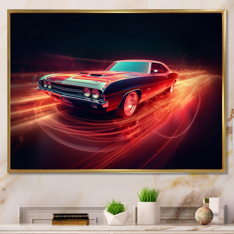 Muscle American Car Neon sur toile, Cadre flottant doré, H 16 po x l 32 po x P 1 po