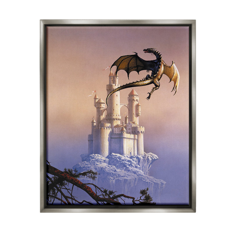 "Magical Dragon And Castle" par Ciruelo sur toile, Cadre flottant gris lustré, H 31 po x l 25 po