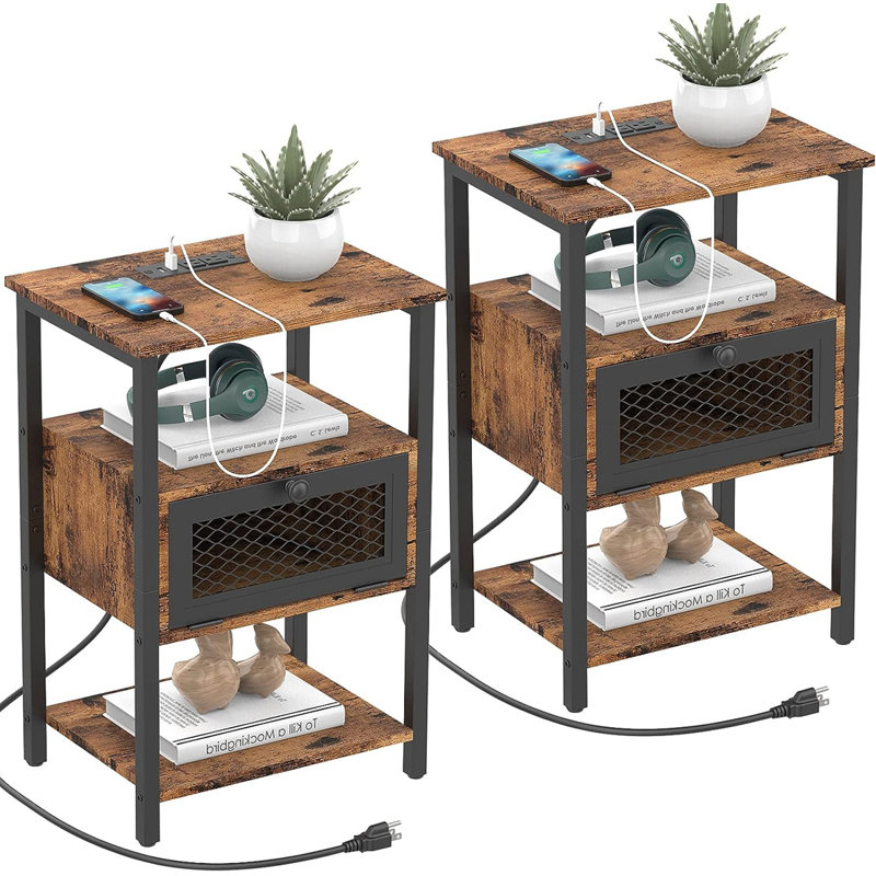 End Table Set and Built-In Outlets, Brown