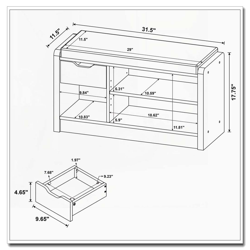 Banc de rangement avec tablette réglable et tiroir coulissant