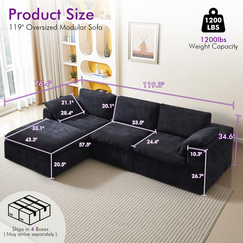 Modular Boneless Sectional Sofa, No-assembly Sectional/corner Couch, Chenille, Black, L-shape (4-seater)