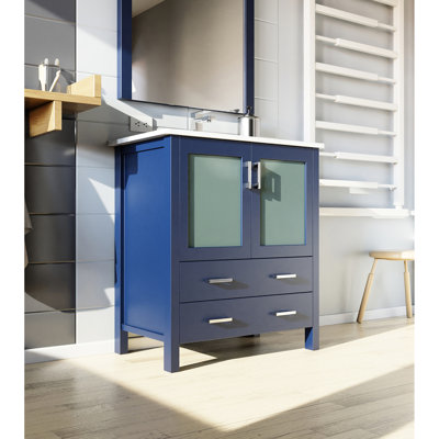 30 In. W Navy Blue Wood Bath Vanity With White Ceramic Counter, Included Faucet And 28 Wall - Mounted Tilt Adjust Square Mirror Oval Mirrored Cabinet