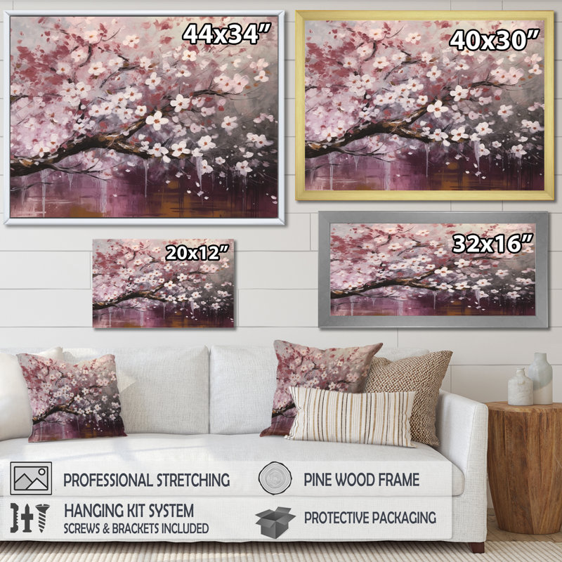Rose et gris Dogwood Elegance II - impressions sur toile florales, H 30 po x l 40 po, Cadre flottant noir