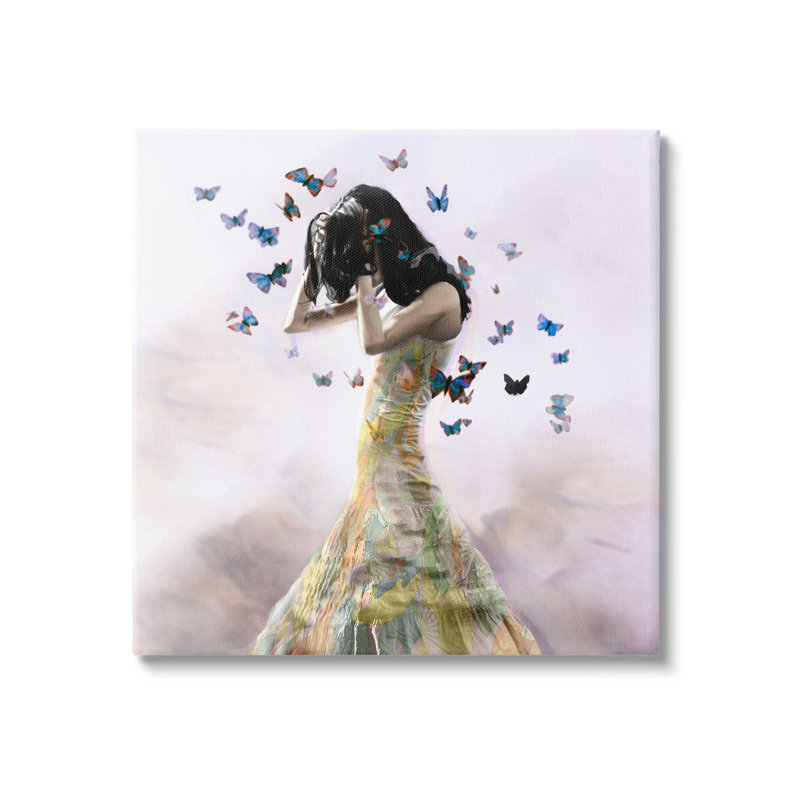 Femme éthérée, robe jaune volant de papillons bleus par Christopher Cuseo - impression, L 17 po x H 17 po, Plaque murale