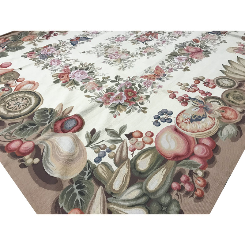 Hand-Knotted High-Quality Ivory, Red, and Green Area Rug