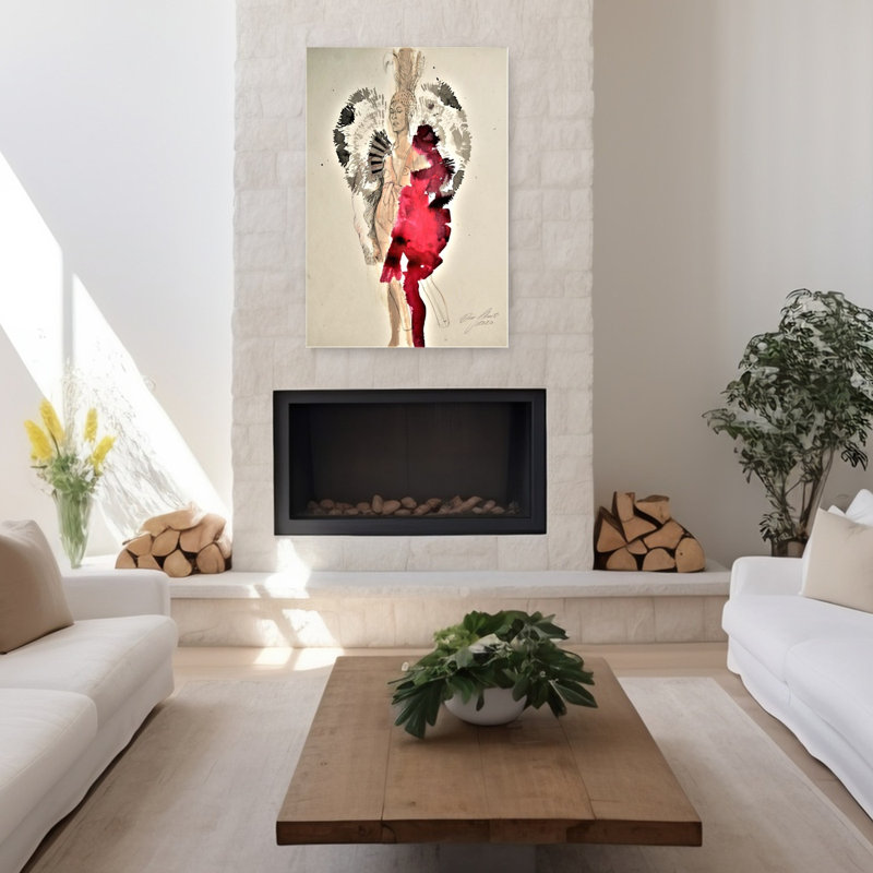 «Feathered Woman In Red Portrait», reproduction d'art murale, 48" H x 32" W