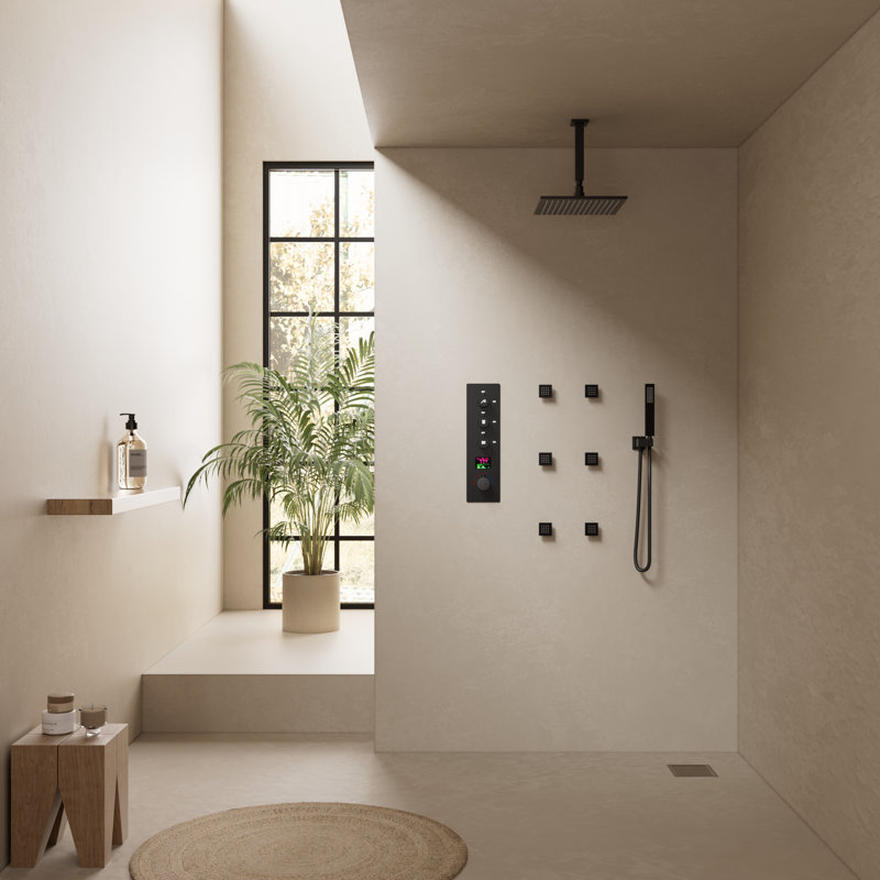 Ensemble de système de douche thermostatique numérique, pomme de douche à pluie à DEL 12 po avec valve brute, Noir mat