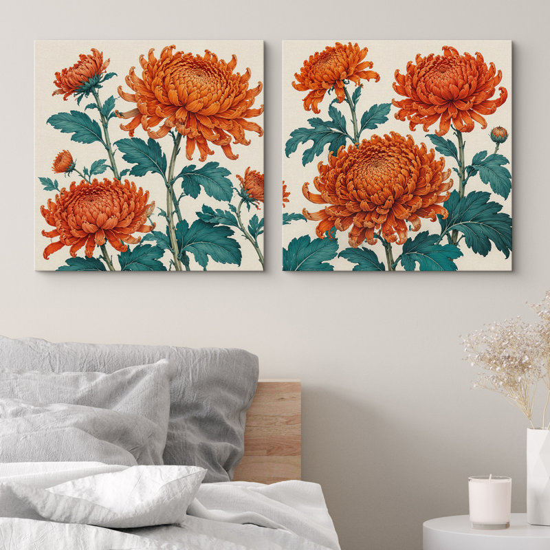 Ensemble de 2 reproductions d'art sur toile encadrées de fleurs d'oranges et de feuilles de sarcelle, Toile tendue