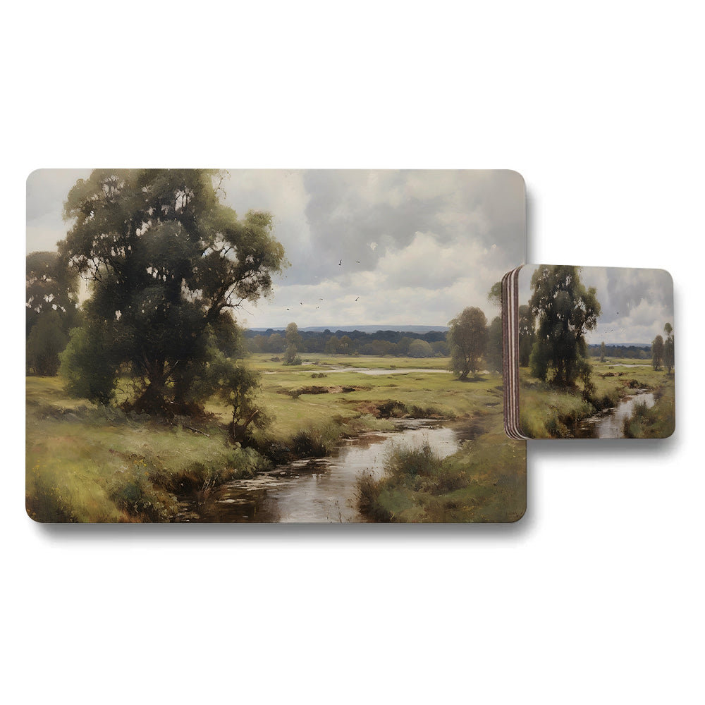 Landscape Placemat and Coaster Set With River and Trees Artwork