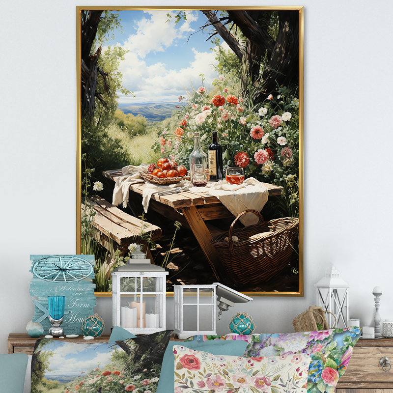 «Farmhouse», reproduction d'art sur toile, pique-nique champêtre, Cadre flottant doré, H 32 po x l 16 po x P 1 po
