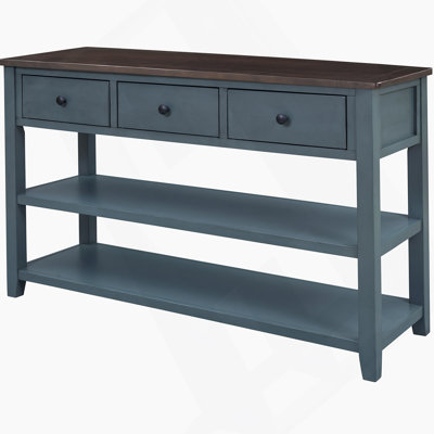 Retro Design Console Table With Two Open Shelves, Pine Solid Wood Frame And Legs For Living Room (Navy)
