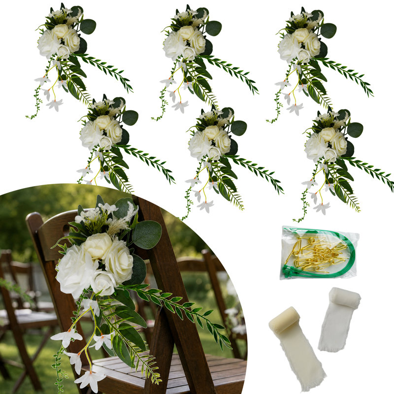 Paquet de 6 décorations de chaise de mariage, décoration de dossier de chaise artificielle blanche avec rubans, fleurs de chaise d'allée pour la cérémonie de mariage, décoration de mariage rustique, avec accessoires de fixation