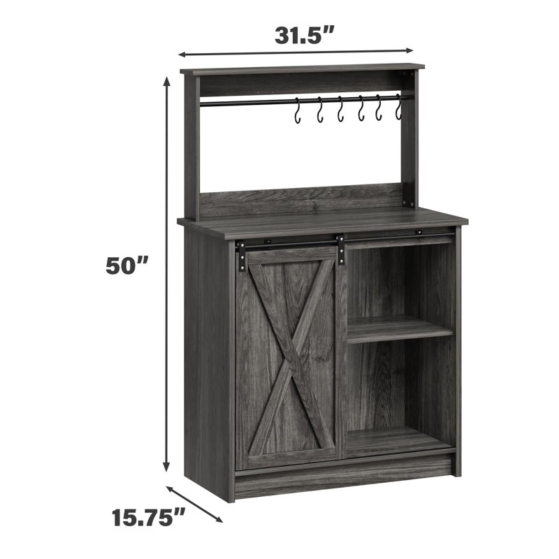Farmhouse Coffee Bar Cabinet with Storage, Gray Coffee Bar with 6 Hooks, Coffee Bar Table with Sliding Barn Door, Wine Bar Cabinet with Adjustable Shelf for Living Dining Room