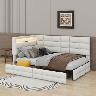 Upholstered Twin Size Daybed With Storage 2 Drawers,LED Lights And Charging Station