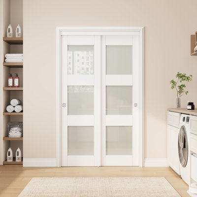 48”x 80" White Tempered Forested Glass Sliding Closet Door with Full Hardware Kit & Handles for Pantry , 𝐍𝐞𝐞𝐝 𝐀𝐬𝐬𝐞𝐦𝐛𝐥𝐲 