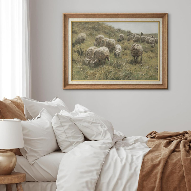 Animals " Sheep Grazing Sage Green Grass ", Natural Framed, No Mat