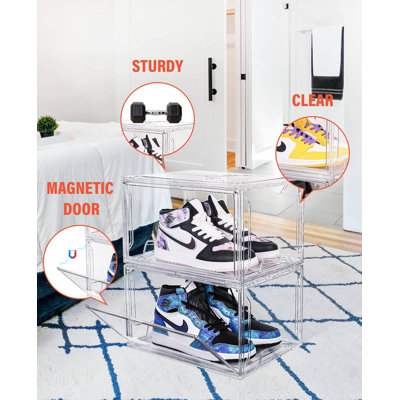 Clear Plastic Stackable Shoe Storage Boxes With Magnetic Door, Acrylic Display Boxes For Sneakers, Strong And Sturdy Design Fits Up To US Men's 15