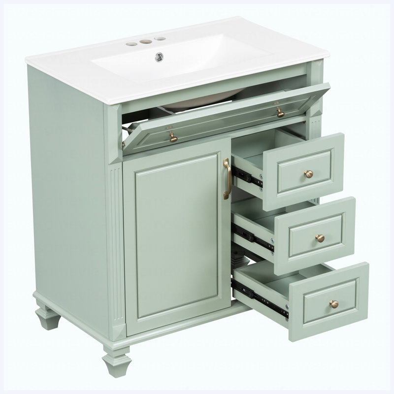 Meuble-lavabo autoportant de 30 po avec lavabo en céramique, tiroir escamotable, 3 tiroirs et armoire de rangement, bois massif et panneau de fibres à densité moyenne, vert