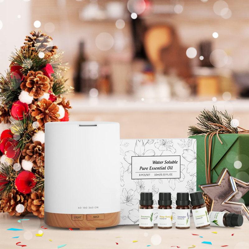 Essential Oil Diffuser, Aromatherapy Cool Mist Home Humidifier With 7 LED Colour Changing Light And Auto-Off Safety Switch, 8 Essential Oils Set, 300Ml (With Oils)