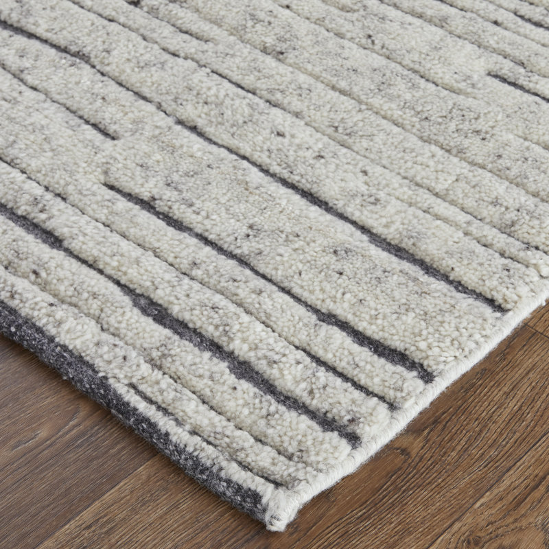 Broadfield Striped Hand-Knotted Wool Area Rug in Ivory, Rectangle 9'6" x 13'6"