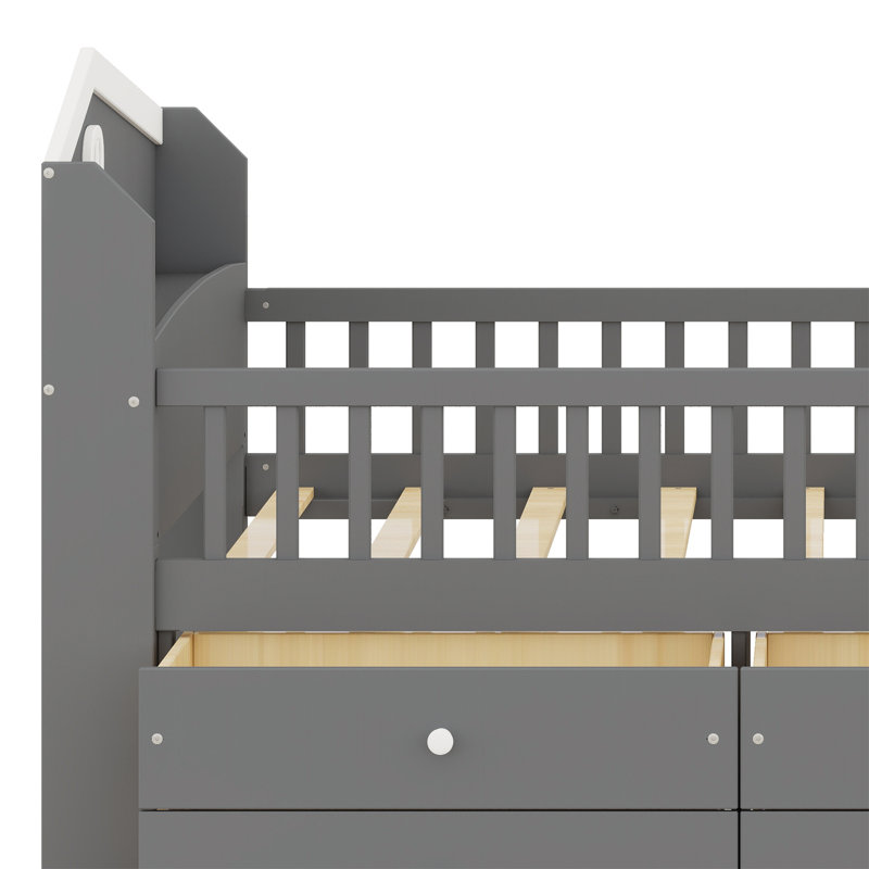 Structure de lit plateforme en bois avec tiroirs de rangement, lit plateforme avec tête de garde-corps et échelle, Gris