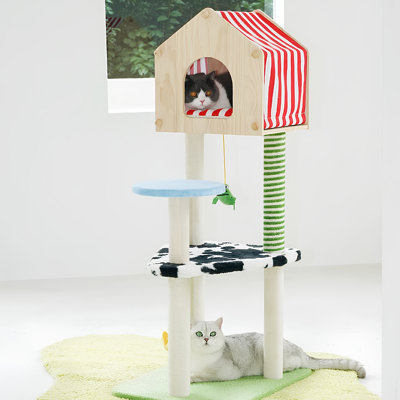 Farm Cottage Cat Tree With Solid Wood Condo - 47.2 in Tower With 2 Perches, 6 Sisal Scratching Posts & Hanging Toys