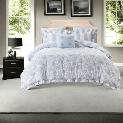 Ensemble de literie bleu pour lit simple/simple XL, couette à volants en microfibre, motif toile romantique