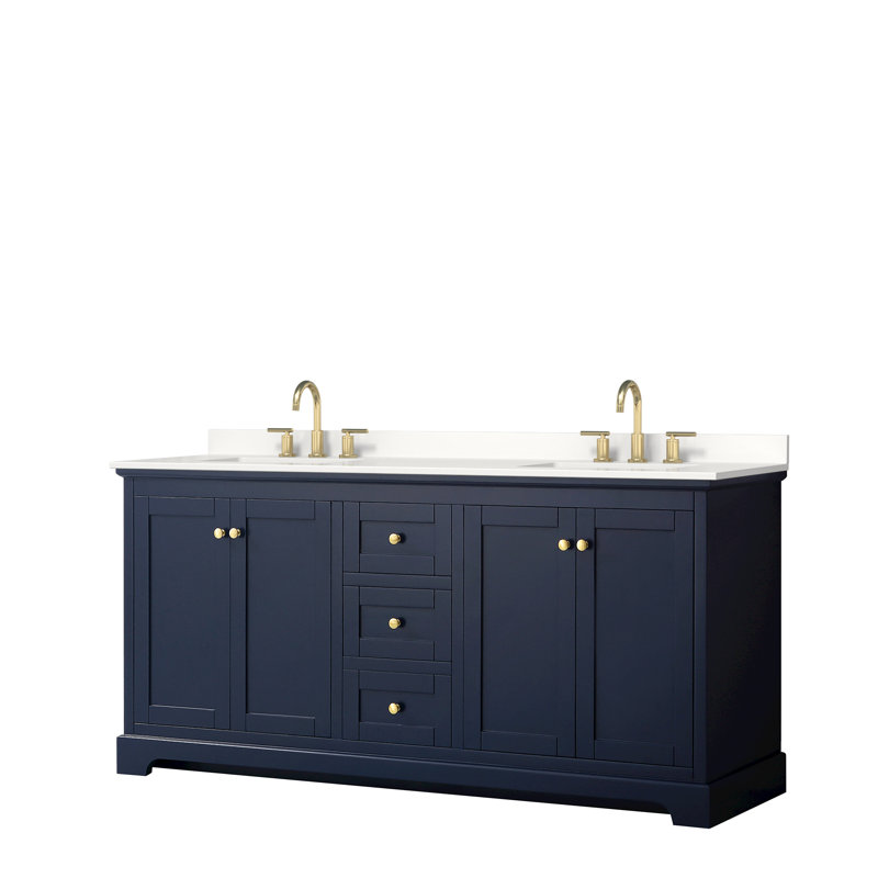 Avery Double Bathroom Vanity with Quartz Top, White Quartz, Matte Black, Dark Blue 1
