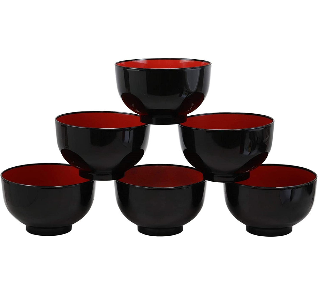 Ebern Designs Made In Japan Traditional Black Red Lacquer Copolymer Plastic Large Bowl 38Oz For Salad Noodles Pasta Ramen Pho Soup 4.5"Dia Japanese Restaurant Supply Bowls Home Kitchen (10, 38Oz) (Set of 10) Ebern Designs