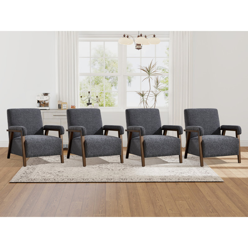 Fauteuil d'appoint rembourré en tissu de 28,35 po de largeur avec pieds en bois massif (ensemble de 4), Gris