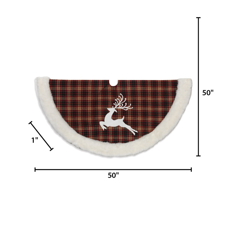 Red and White Faux Fur Plaid Tree Skirt with Reindeer Applique
