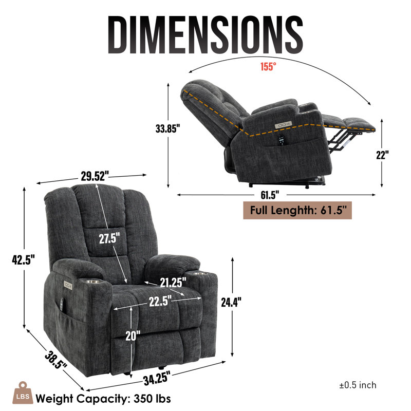 Chemika 34.25"W Chenille Power Liftable Heated Recliner, Remote, USB Port, Gray