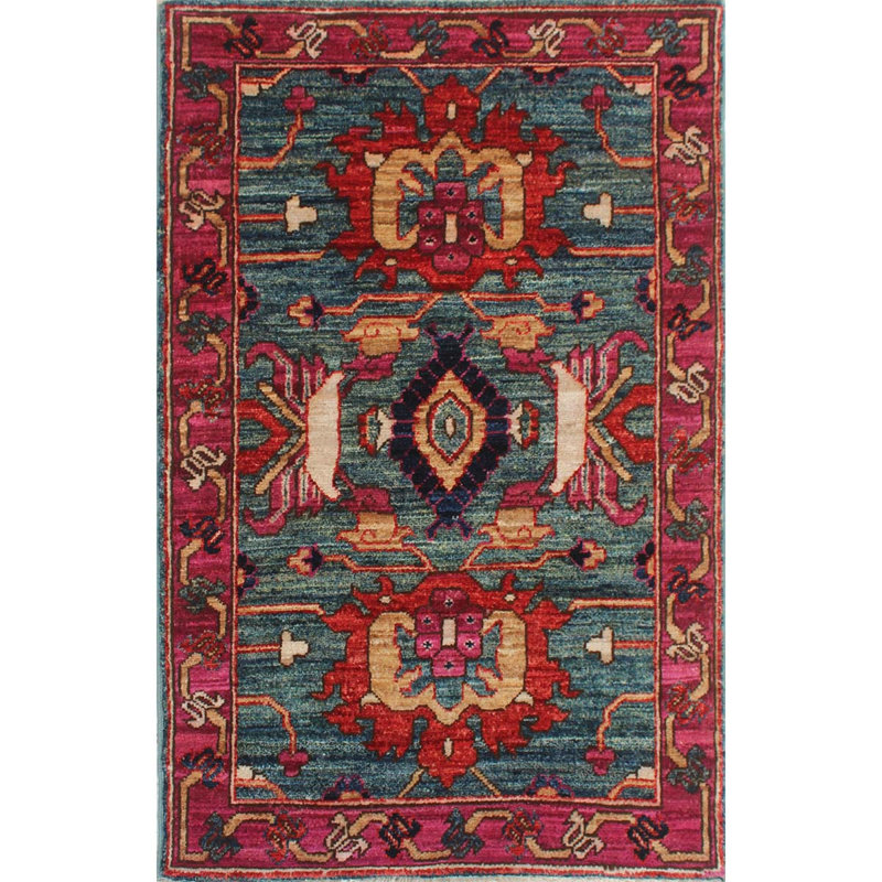Tapis unique vert / rouge noué à la main de haute qualité