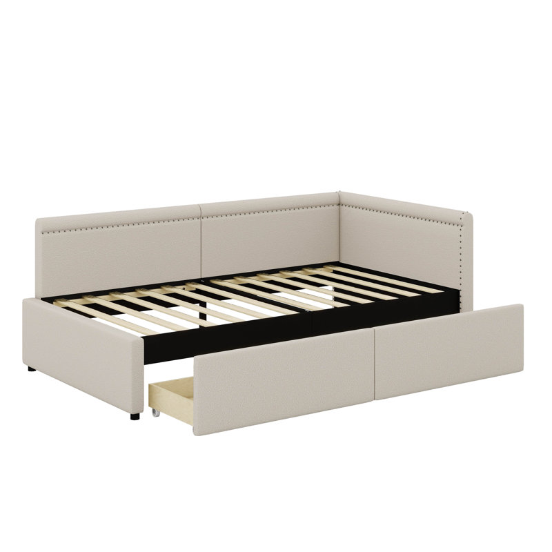 Lit d'angle simple en L de style moderne avec deux tiroirs, Beige