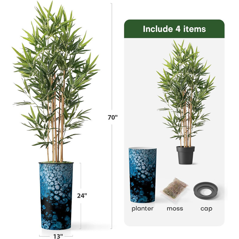 Artificial Tree in Contemporary Planter Fake Bamboo Silk Tree (Plant Pot Plus Tree), Abstract Navy