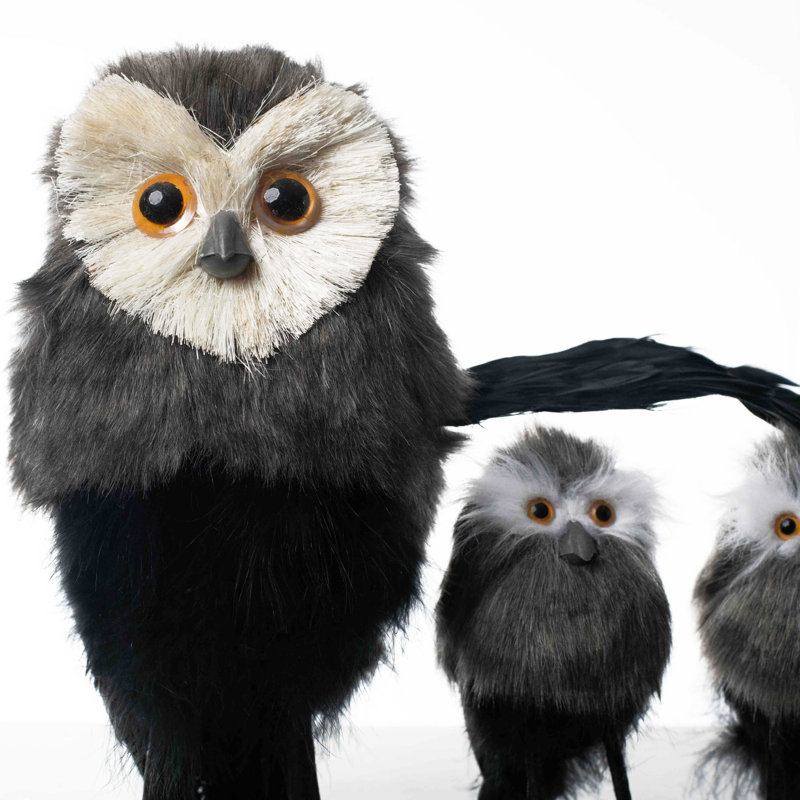 Standing Black & Gray Faux Feather Owl Mother & Children Family Figurine Table Top  Décor - Set Of Three