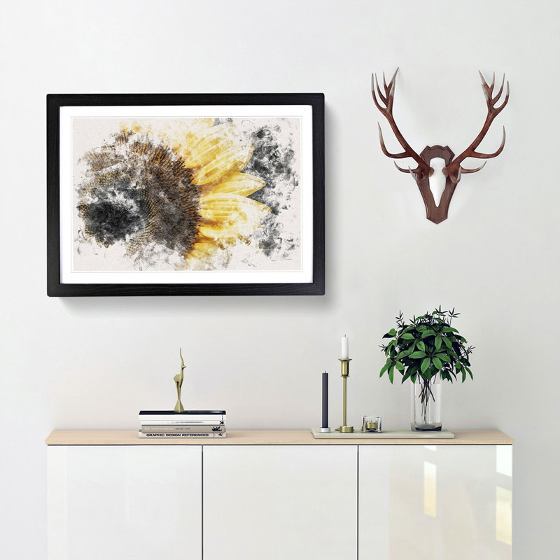 Yellow Sunflower Rising Watercolour - Framed Print, 45cm H x 63cm W x 2cm D, Black