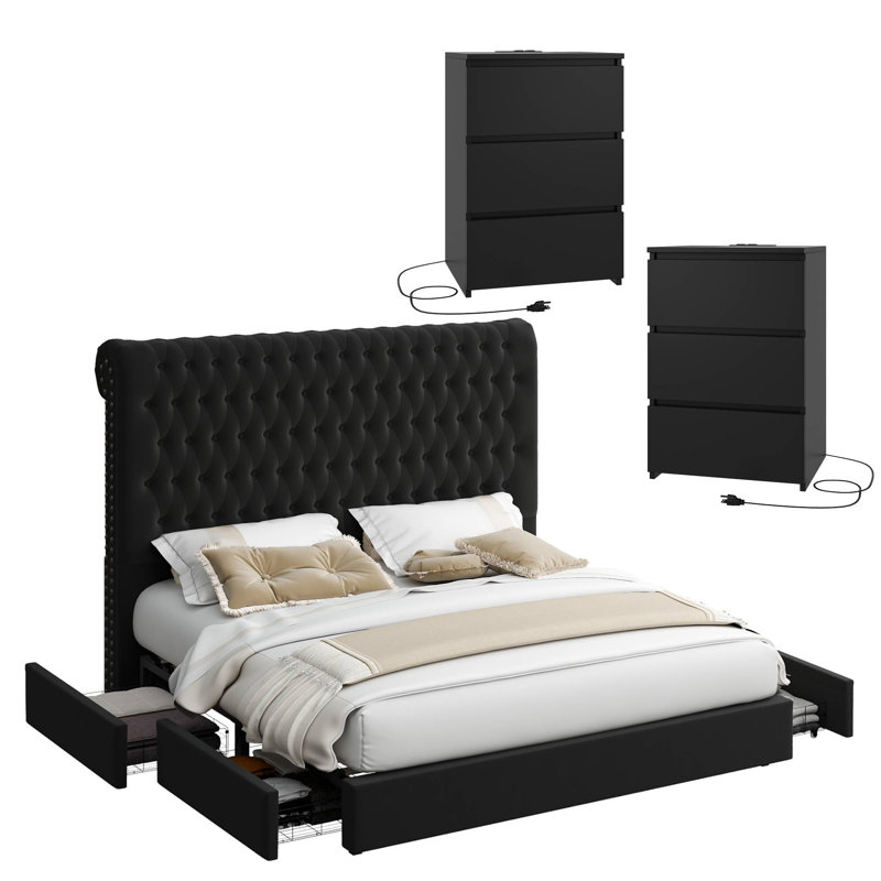 Ensemble de chambre à coucher 3 pièces, grand lit capitonné en velours, Très grand, Noir