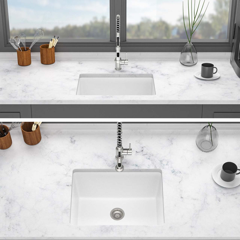 Évier de service 24 "en composite de quartz blanc, cuve simple encastrée avec accessoires