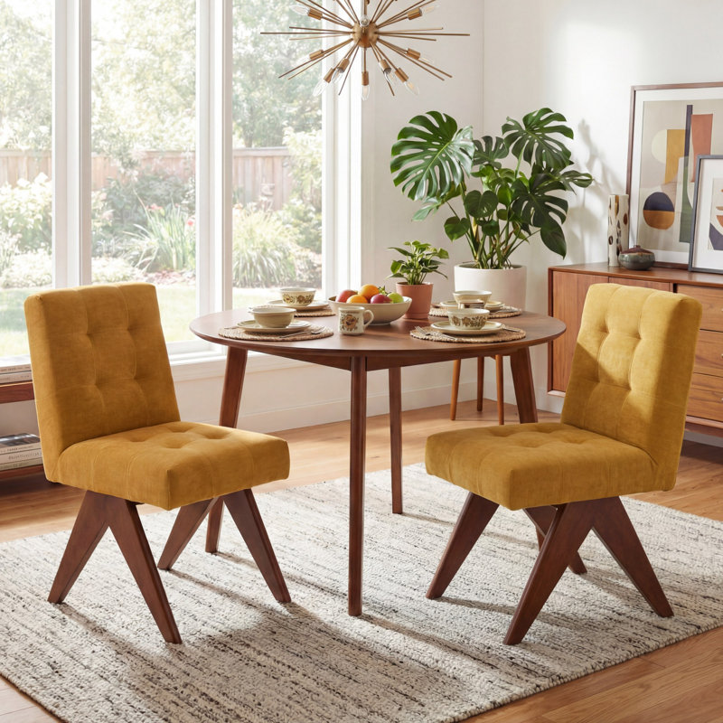 Tufted Linen Upholstered Dining Chair Armless Parsons Side Chair With Solid Wood Legs, Yellow