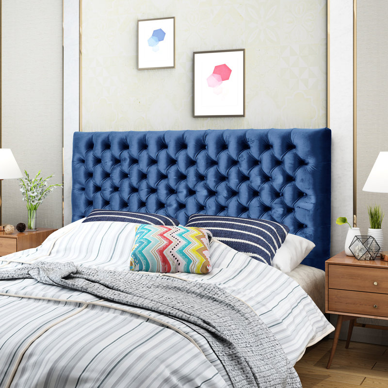 Contemporary Navy Blue Velvet Headboard, Adjustable For Queen Size, Button Diamond Stitch Upholstery Style Legs, Stitched