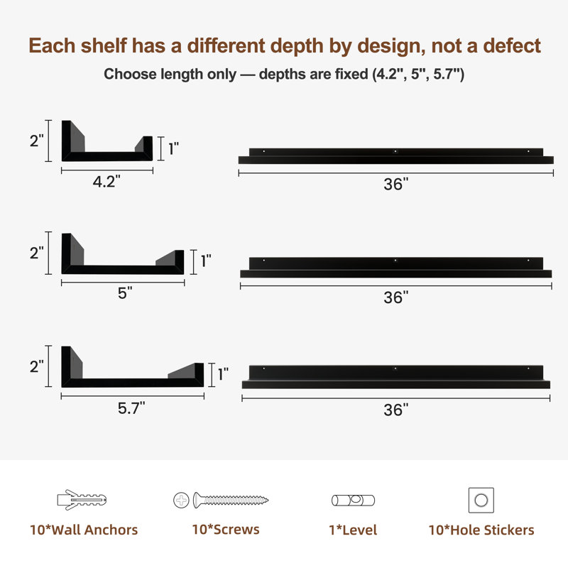 Parece Wall-Mounted Floating Shelves for Bedroom, Living Room, Black, 2" H x 36" W x 5" D