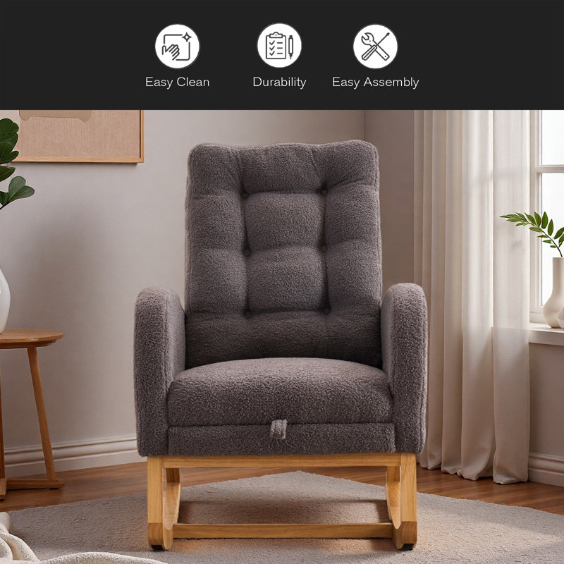 Chaise berçante décorative avec repose-pieds à haut dossier en bois d'hévéa, Gris foncé