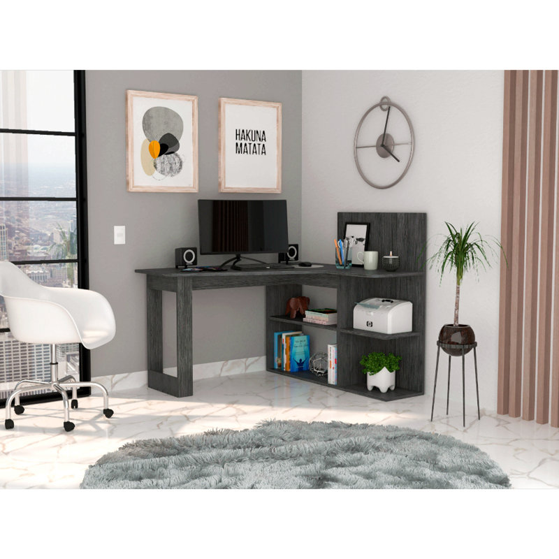 Writing Computer Desk, Five Open Shelves, Dark Gray