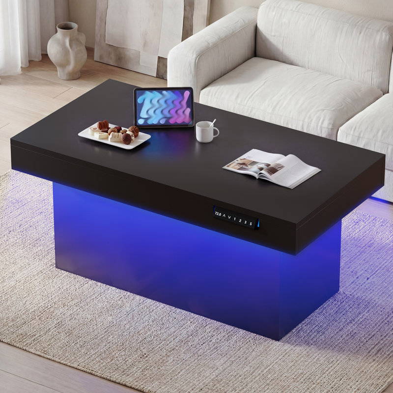 Table basse électrique à plateau relevable avec éclairage et rangement à DEL, 32,7 po H x 47,3 po L x 19,7 po l