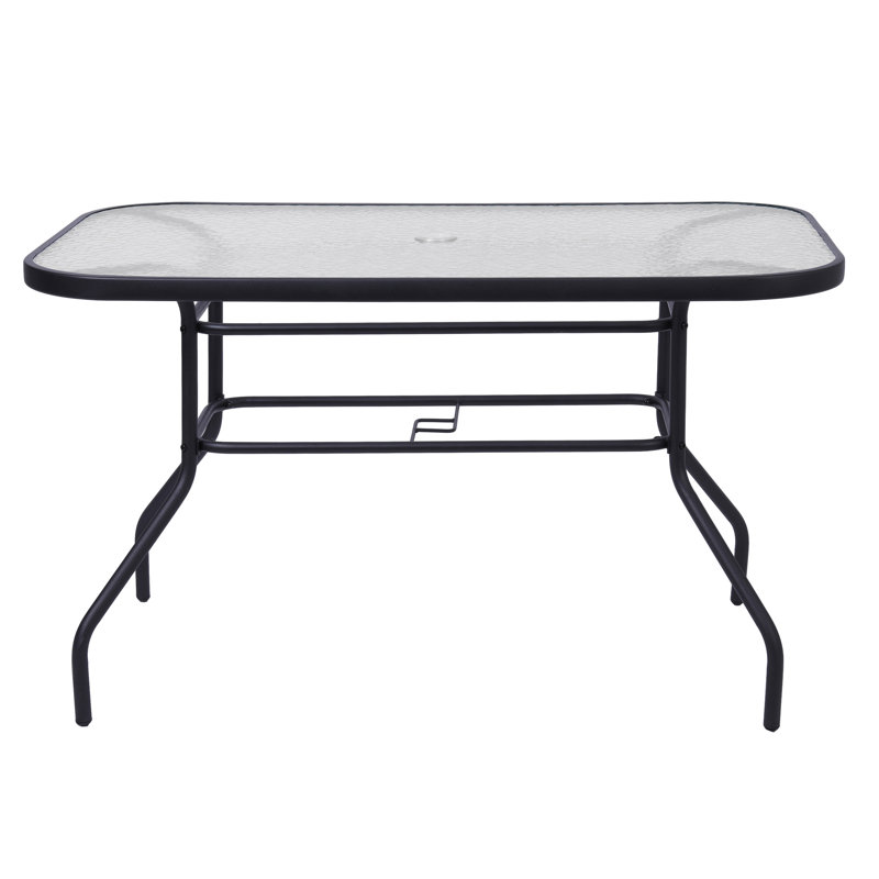 Table de patio de qualité commerciale avec plateau en verre trempé avec trou pour parasol et structure en tube d'acier, Noir