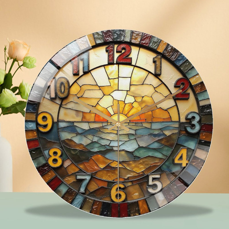 Horloge murale vitrail avec magnifique coucher de soleil - Horloge murale moderne en verre 12 po