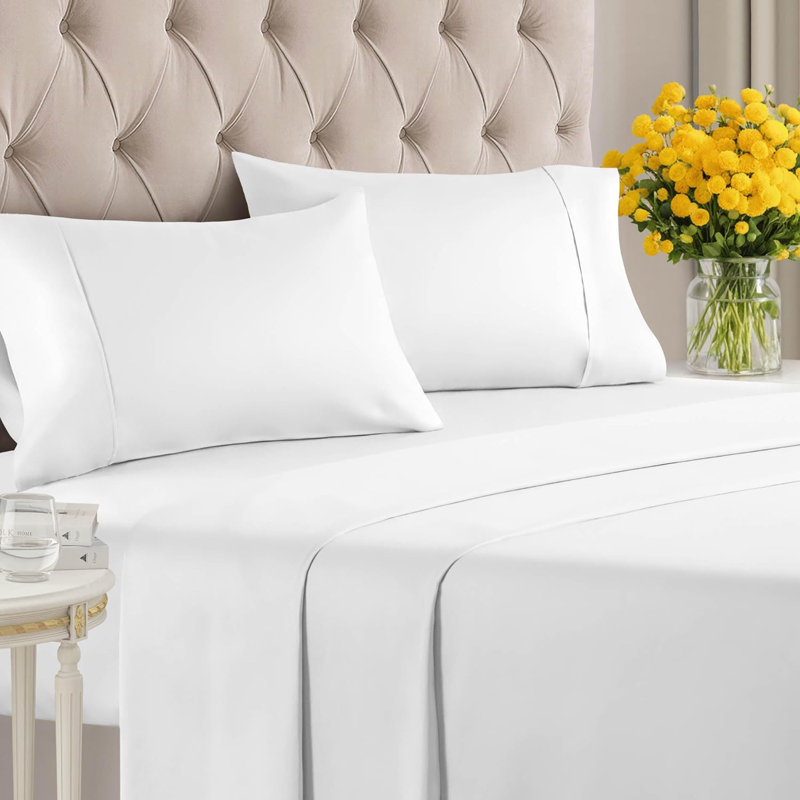 Ensemble de draps 4 pièces 100% coton 400 fils, Drap pour grand lit avec 3 pièces supplémentaire, Blanc