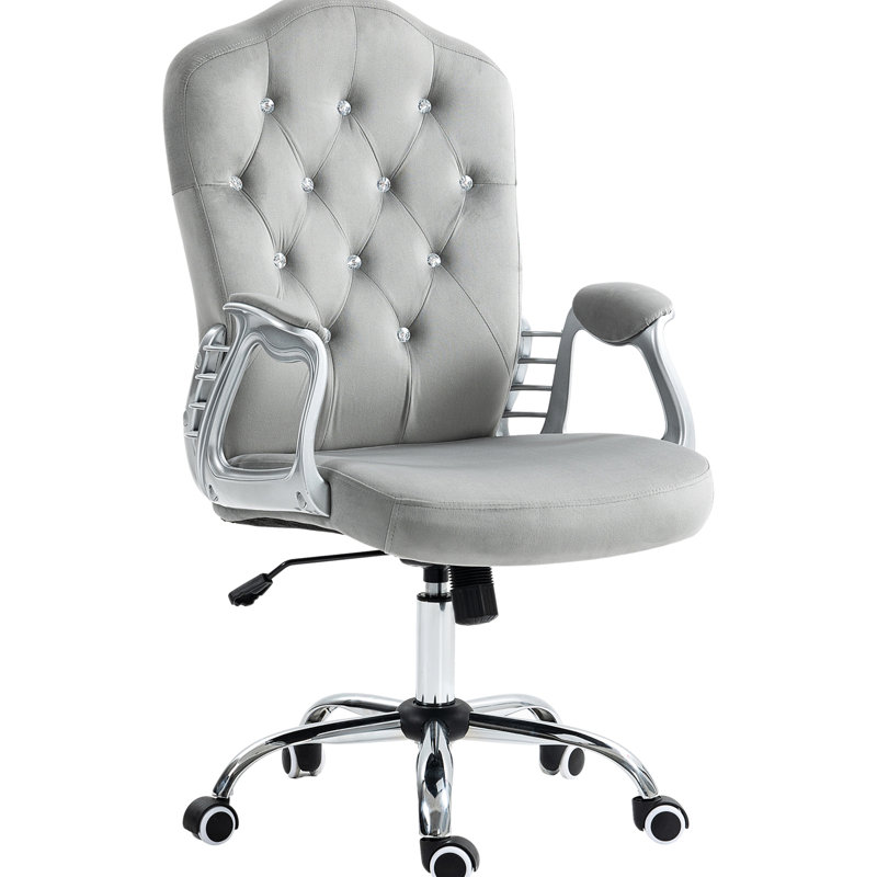 Vinsetto Home Office Chair,Velvet Computer Chair,Button Tufted Desk Chair with Swivel Wheels,Adjustable Height,and Tilt Function,Light Gray