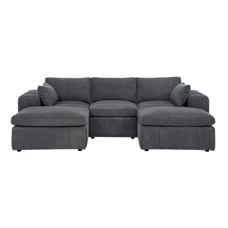 Large Arms Cordory Upholstered Modular Sectional With 2 Ottomans, Dark Gray